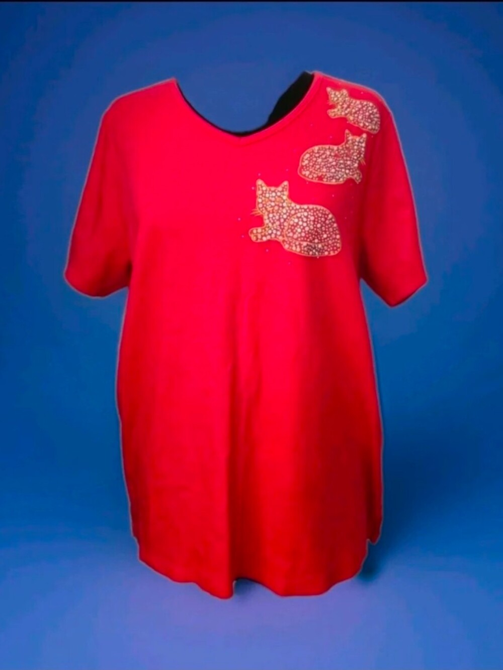 QVC V Neck Short Sleeve Kitty Cat T Shirt Pearl Gem Stone Detail Flowwy XL